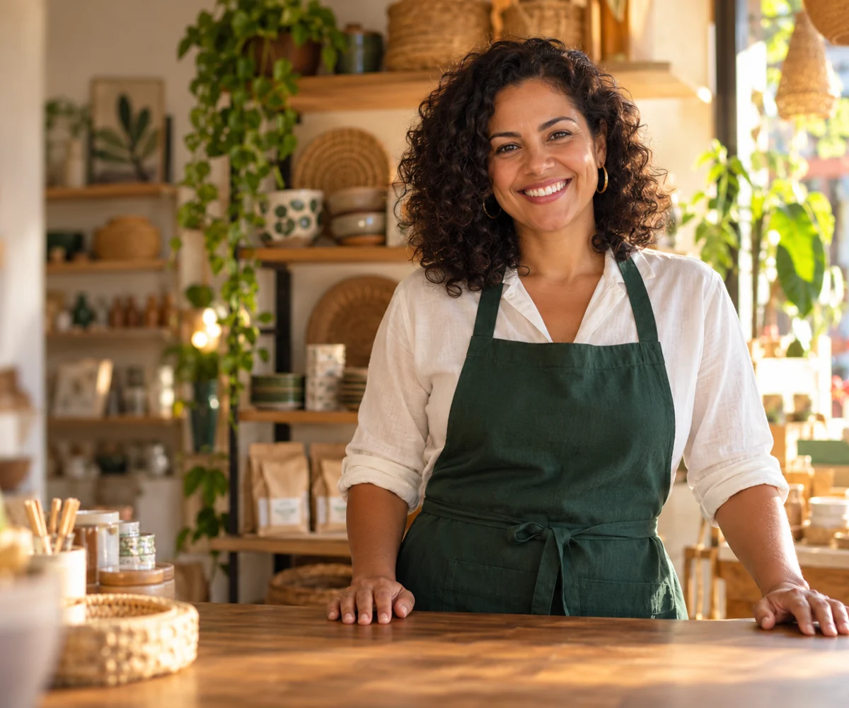 Cena ilustrativa de uma empreendedora em sua loja de bairro, com produtos artesanais e um ambiente acolhedor